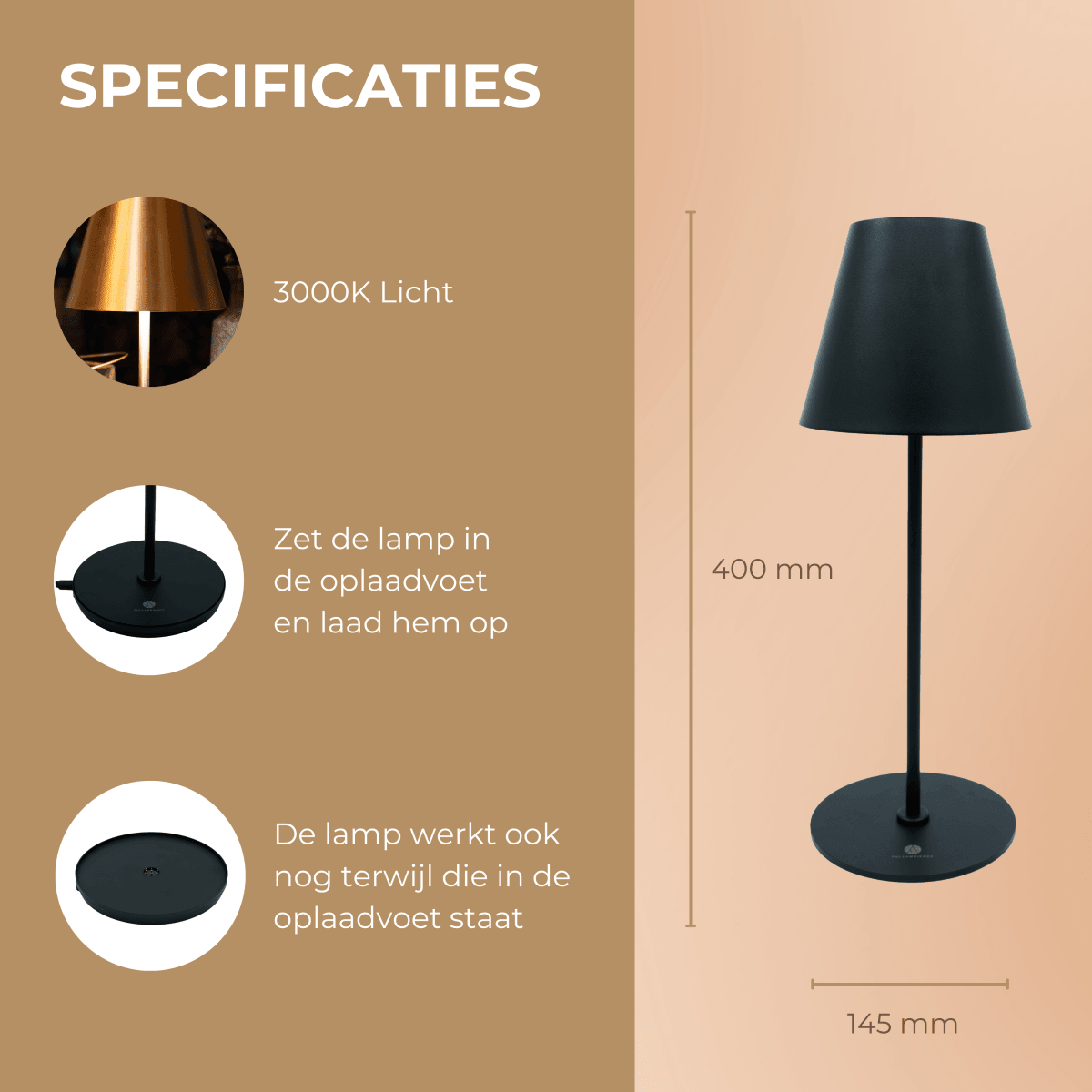 Fullambience Stable Oplaadbare Tafellamp met Oplaadvoet Zwart - Fullambience