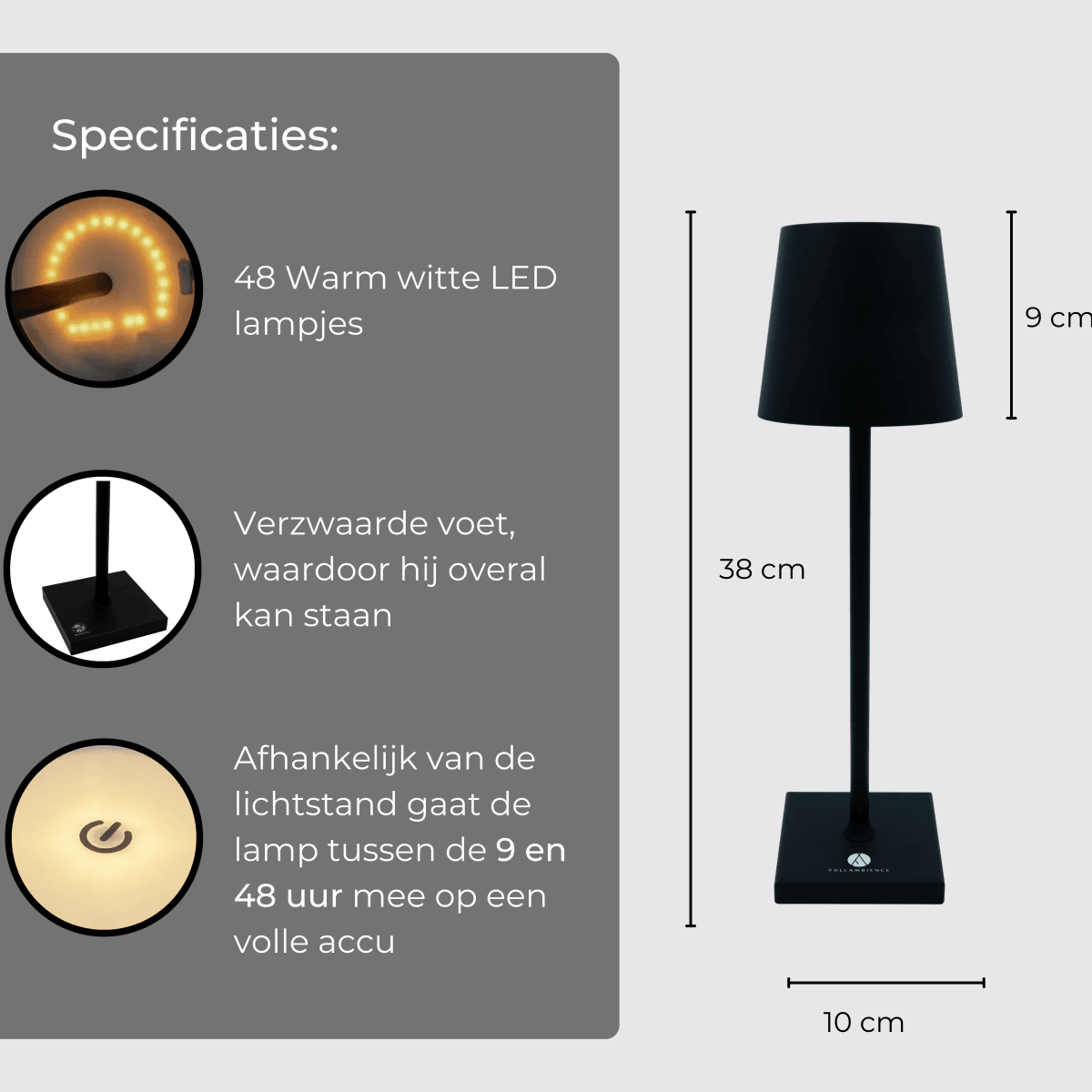 Fullambience Stabillo Oplaadbare Tafellamp Zwart - Fullambience